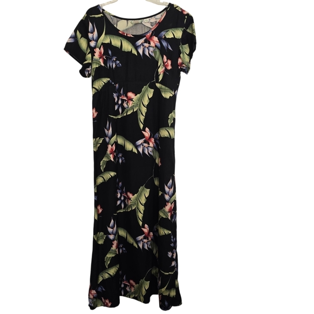 Vintage Tommy Bahama Black Silk Tropical Hawaiian Print Maxi Dress